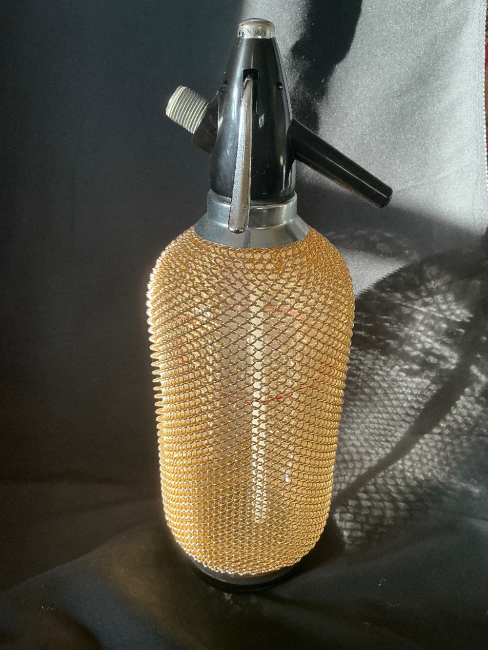 Vintage Gold Wire Mesh Siphon Bottle Barware MCM Decor